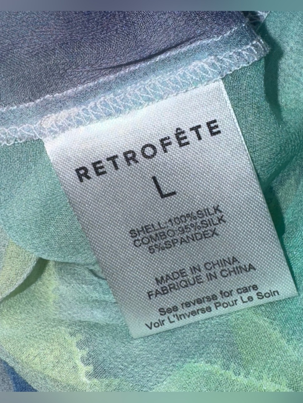 RETROFÊTE AVIVA SILK CHIFFON BLOUSE Watercolor Wave Tie Front Sheer Size L - Picture 14 of 14